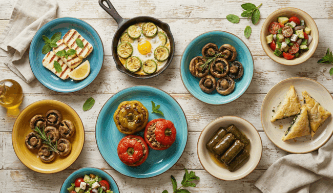 מנות ראשונות חמות וירקות בארוחת המזה הקפריסאית