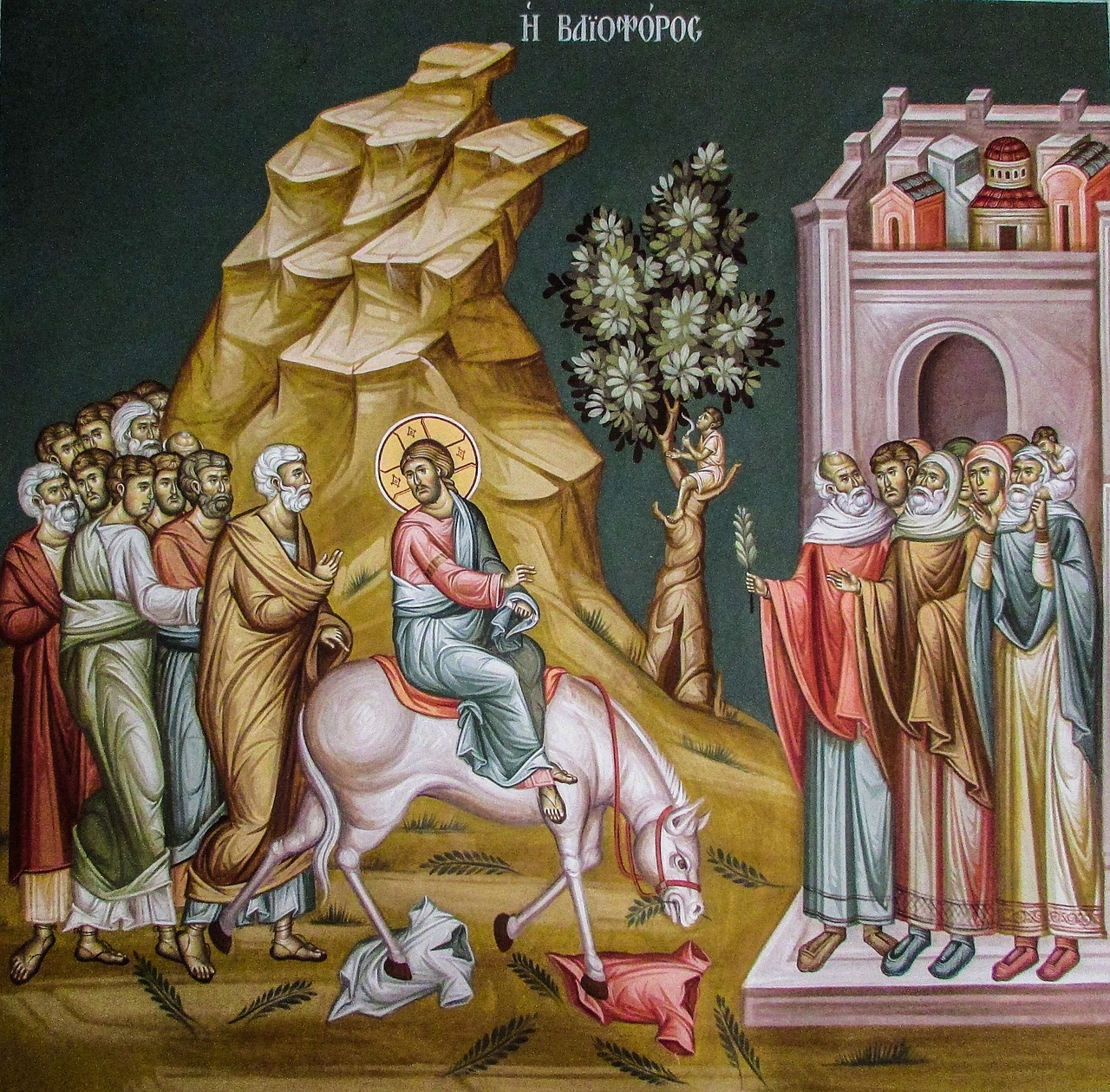 ציור של הכניסה לירושלים בתוך כנסייה בסקרינו
